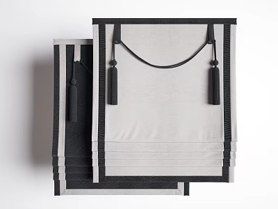 Pair of Gray and Black Roman Shades with Black Trim and Tassels in Linen Fabric 3d model