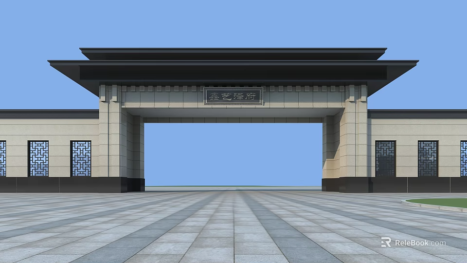 Traditional Chinese Entrance Gate With Pavilion Style Roof And Inscribed Plaque 3d model 