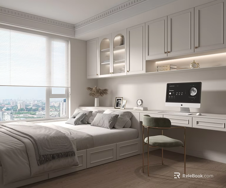 Modern Minimalist Tatami Bedroom Interior With Tatami Bed White Cabinets Desk Chair And City View Window 3d model 