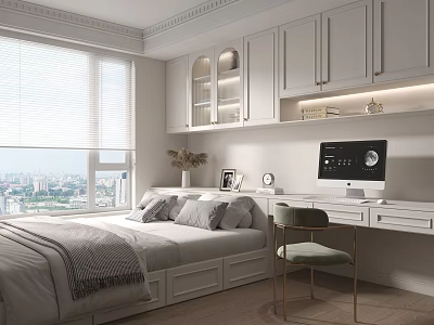 Modern Minimalist Tatami Bedroom Interior With Tatami Bed White Cabinets Desk Chair And City View Window 3d model