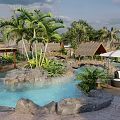Tropical Garden Landscape With Water Pools Rocks Palm Trees And Wooden Bridge