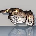 Swing Door Featuring Metal Hand Shaped Decoration With Inscribed Words On Sleek Surface
