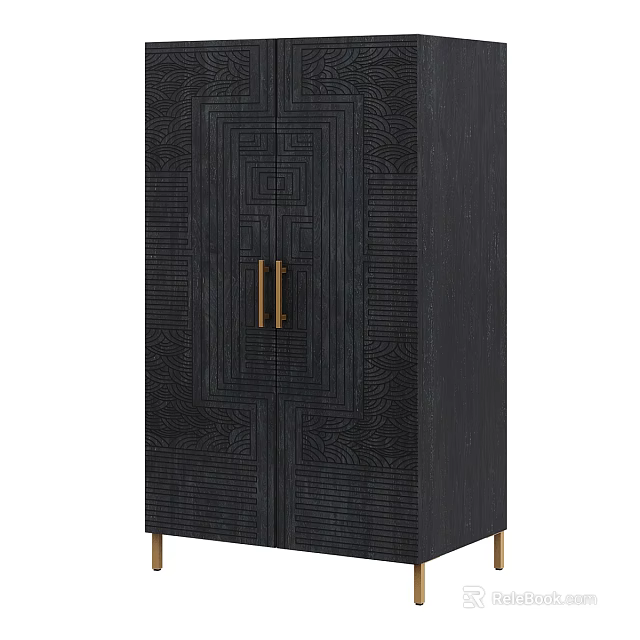Black Wardrobe with Geometric Pattern on Doors Gold Handles and Gold Legs 3d model 
