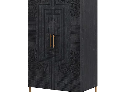 Black Wardrobe with Geometric Pattern on Doors Gold Handles and Gold Legs 3d model