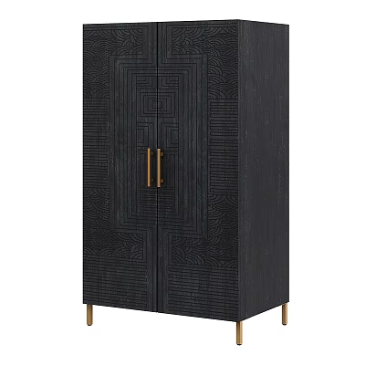 Black Wardrobe with Geometric Pattern on Doors Gold Handles and Gold Legs 3d model