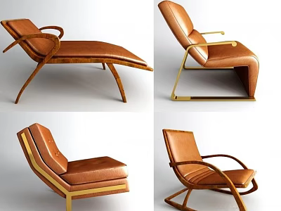 Modern Brown Leather Chaise Lounge With Curved Golden Metal Frame Design 3d model