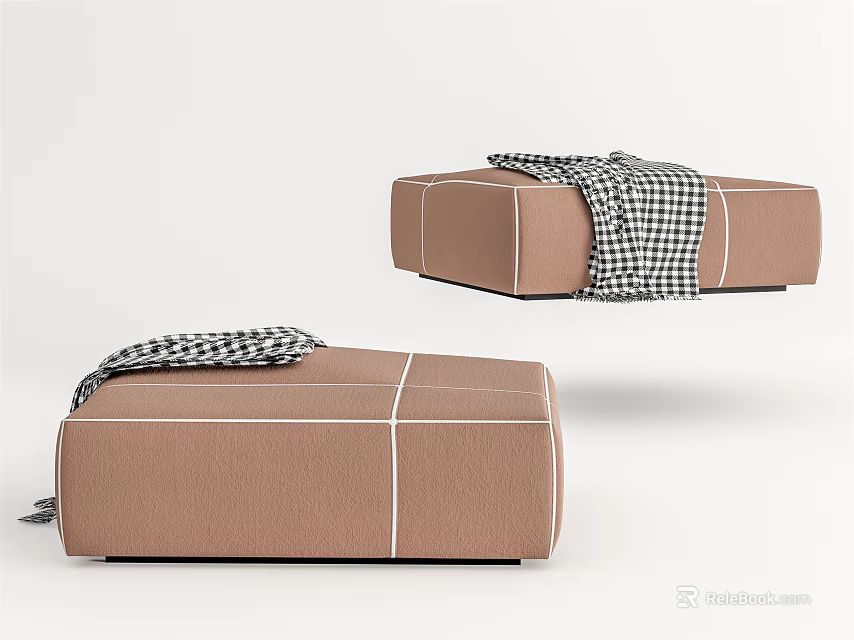 Two Brown Leather Ottomans With White Stitching And Checkered Blanket Decor 3d model