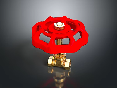 Red Valve With Red Spoked Wheel And Brass Body For Pipeline Control 3d model