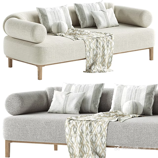 Modern Two Seater Sofa Interior With Decorative Pillows Knitted Throw Blanket And Wooden Legs 3d model 