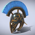 Spartan Helmet With Blue Plume And Gold Leaf Decorations On Black Surface