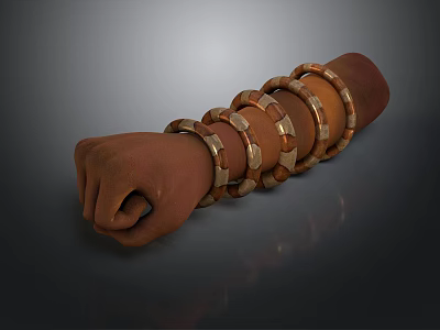 Human Hand Fist Wearing Multiple Golden And Brown Bracelets On Dark Background 3d model
