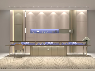 Jewelry Store Modern Interior with Stylish Display Counters Soft Lighting and Fresh Flower Arrangement 3d model