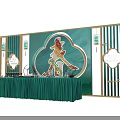 Chinese Style Event Stage With Green Tablecloth Decorative Lanterns And Auspicious Cloud Patterns 3d model