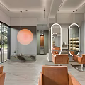Beauty Hair Salon Modern Interior With Orange Chairs Round Mirrors Large Windows And Greenery View