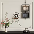 Modern Interior Wall Decor With Circular Lamp Art Frames And Flower Vase 3d model