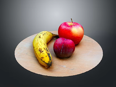 Ripe Banana Red Apple and Purple Plum on a Round Wooden Plate 3d model