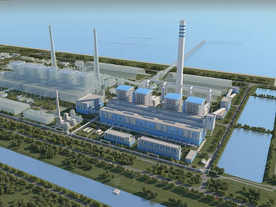 Aerial View of Industrial Factory with Large Buildings Multiple Chimneys Water Areas and Green Spaces 3d model