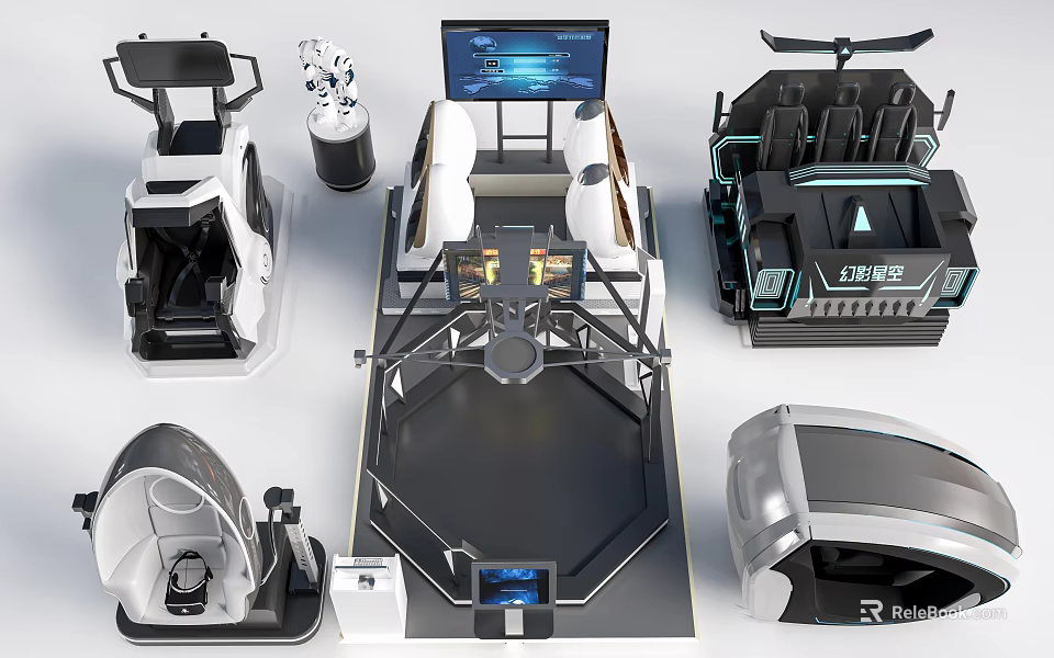 Advanced Industrial Equipment Featuring Robotic Arms Control Consoles And Head Mounted Displays 3d model 