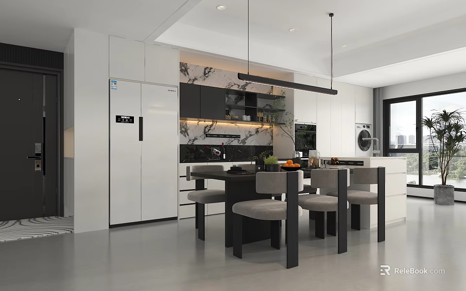 Modern Restaurant Kitchen With White Cabinets Marble Island Countertops Dining Table And Hanging Lights 3d model 