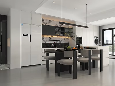 Modern Restaurant Kitchen With White Cabinets Marble Island Countertops Dining Table And Hanging Lights 3d model
