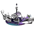 Enchanting Romantic Scene With Boat Shaped Structures Golden Lanterns Purple Flowers And Circular Platform