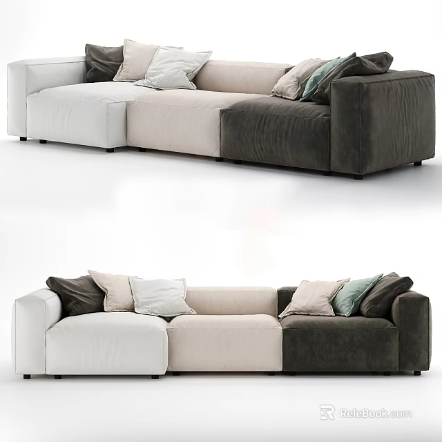 Modern Modular Multi Seater Sofa With White Beige Dark Grey Plush Cushions Design 3d model