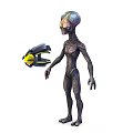 Alien Creature With Slender Body Holding Glowing Yellow And Black Tech Gadget