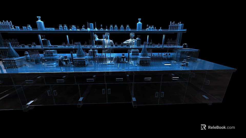 Industrial Equipment in Modern Laboratory with Shelves Containers and Workbench Being Operated by Technicians 3d model 