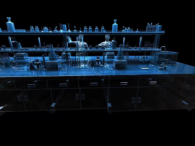 Industrial Equipment in Modern Laboratory with Shelves Containers and Workbench Being Operated by Technicians 3d model