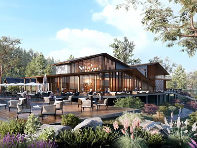 Modern Mountain Cabin With Wooden Structure Large Windows And Scenic Outdoor Terrace Surrounded By Greenery 3d model