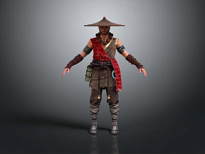 A Man Wearing Brown Traditional Clothing Conical Hat Red Accents Arm Wraps And Waist Pouch 3d model