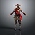 A Man Wearing Brown Traditional Clothing Conical Hat Red Accents Arm Wraps And Waist Pouch