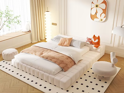 Modern Tufted White Double Bed in Bedroom with Checkered Rug and Floral Art 3d model