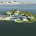 Aerial Planning of Waterfront Modern Buildings with Green Hills and Scenic Pool