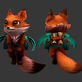 Two Fantasy Orange Red Fox Characters With Green Wings And Back Bell Decorations