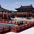 Ancient Chinese Architecture with Traditional Roofs Red Walls and Surrounding Green Grassland Against Distant Mountains