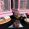 Two Pink Glass Display Cases Filled With Cakes Cookies Chocolates And Pastries