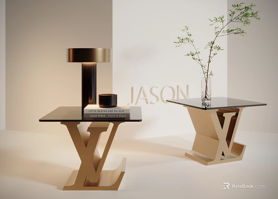 Modern Side Tables with X Shaped Golden Base Black Glass Top and Green Plant 3d model 