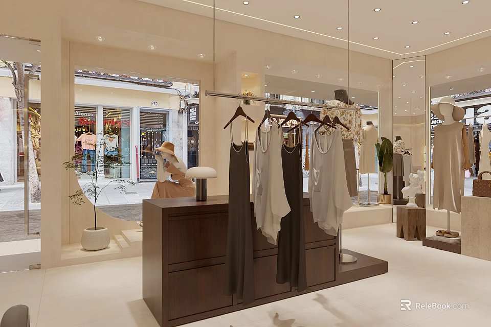 Modern Clothing Store Interior With Hanging Garments Wooden Display Counter And Mirrors 3d model 