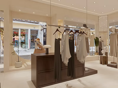 Modern Clothing Store Interior With Hanging Garments Wooden Display Counter And Mirrors 3d model