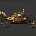 Ornate Golden Vintage Carriage With Horse Head Design And Mechanical Details