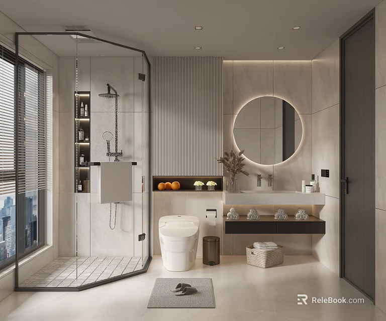 Modern Bathroom Interior Design With Glass Shower Toilet Round Mirror And Tiled Walls 3d model 