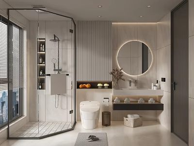 Modern Bathroom Interior Design With Glass Shower Toilet Round Mirror And Tiled Walls 3d model