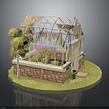 Glass Greenhouse Building with Pink Accents Vines Brick Base near Hay Bales Sunflowers in Grass
