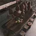 Industrial Modern Dining Living Room Interior With Concrete Floors Wooden Beams And Terracotta Pendant Lights
