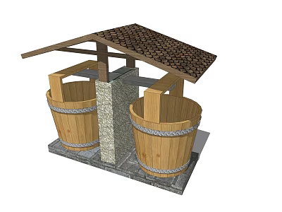 Traditional Outdoor Dual Wooden Buckets With Stone Pillar And Tiled Roof 3d model