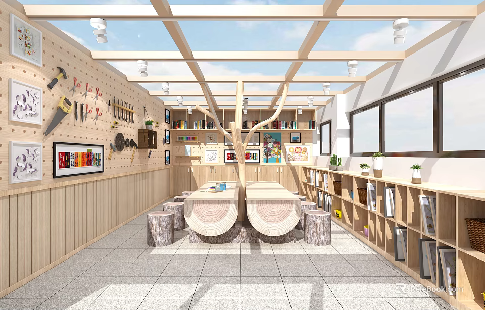 School Open Learning Space With Wooden Tables Bookshelves Display Wall And Bright Windows 3d model
