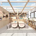 School Open Learning Space With Wooden Tables Bookshelves Display Wall And Bright Windows 3d model