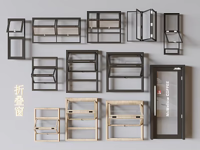 Assorted Folding Windows With Black Wooden Frames And Multiple Design Structures 3d model
