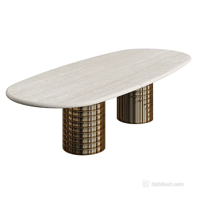 Elegant Modern Desk With Oval Light Colored Marble Top And Golden Cylindrical Striped Legs 3d model 